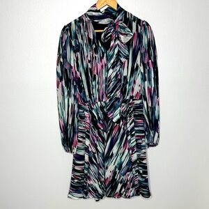 Betsey Johnson Dress Tie Neck Bow Long Sleeve Chiffon Multi Print Black Purple